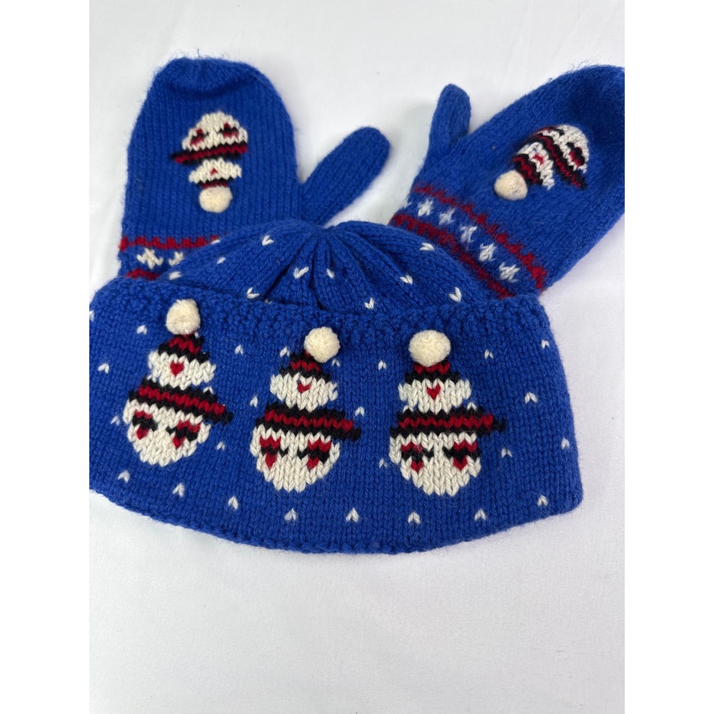 Preswick & Moore Snowman Knit Beanie and Mittens Set Blue Wool Blend One Size